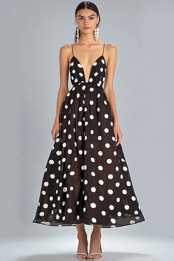 Kaffe A-linje Spaghetti Remmar Vit Polka Dots Klänning